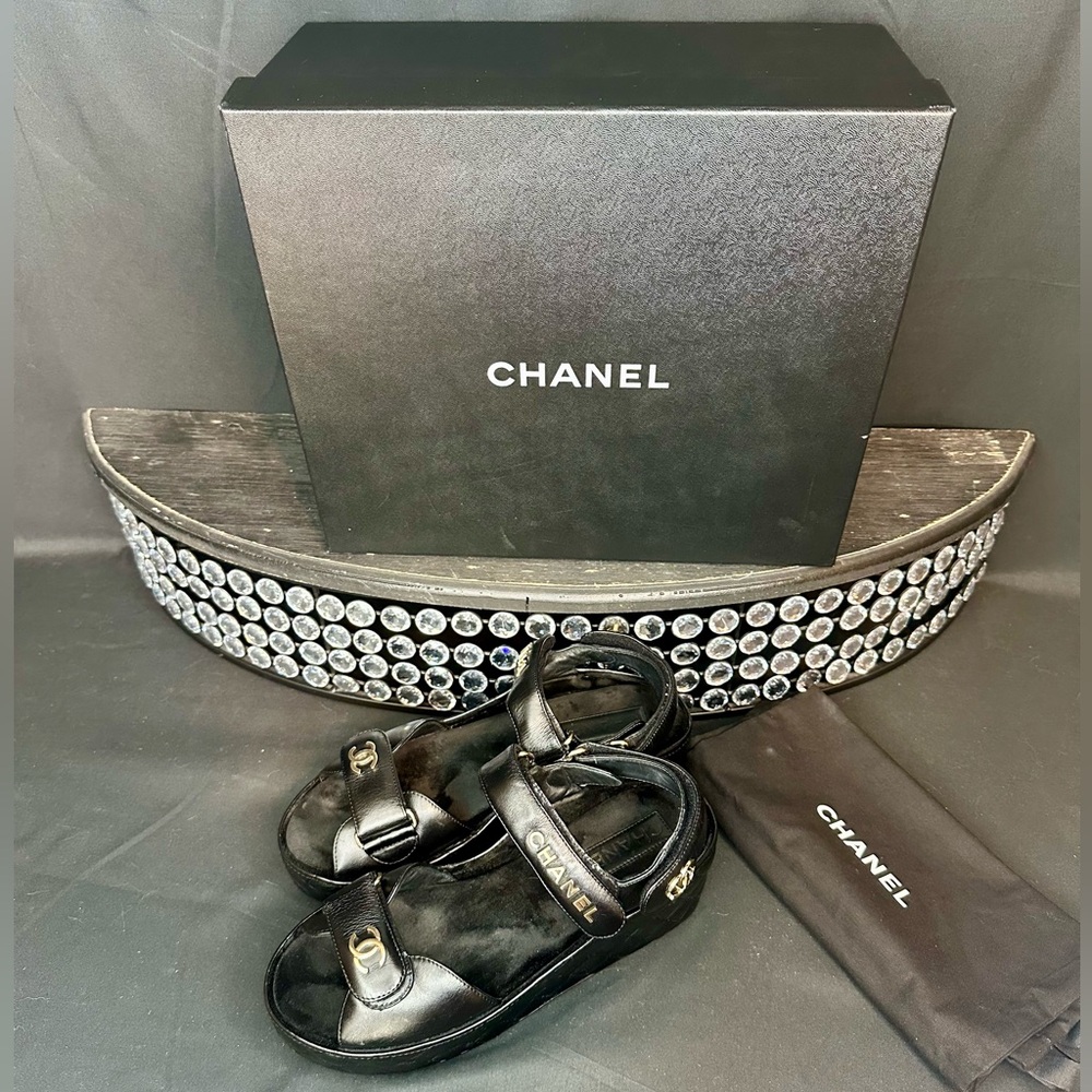 CHANEL Black Dad Sandals with Gold Hardware